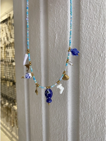 Çelik Sıralı İnce Mavi Boncuk Balık Detay Çharm Kolye