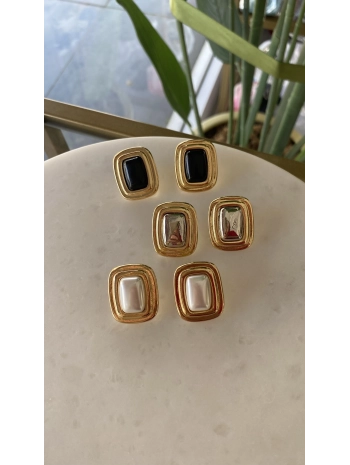 Özel Seri Tırtıklı Dikdörtgen Plaka Üzeri Taş Detay Küpe