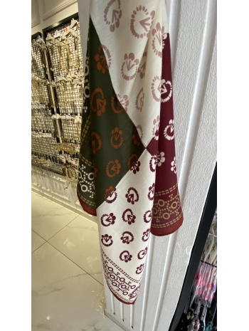 Yeşil Bordo Tasarım Etnik Desen 70x70 Pamuklu Fular