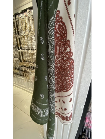 Yeşil Bordo Etnik Desen 70x70 Pamuklu Fular
