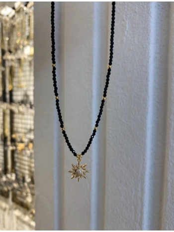 Çelik İnce Siyah Boncuk Üzeri Güneş Figür Kolye