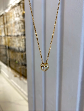 Çelik Klasik Zincir Üzeri Zirkon Taş Kalp Kolye