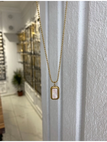 Çelik Sıralı Küçük Top Zincir Detay Dikdörtgen Sedef Kolye