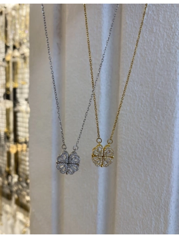 Çelik Zirkon Taş Detay Kendinden Mıknatıslı Yonca Kolye