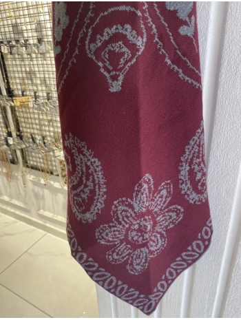 Çift Taraflı Etnik Desen Bordo-Gri Üçgen Şal