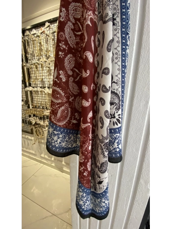 Lacivert Bordo Etnik Desen 70x70 Pamuklu Fular