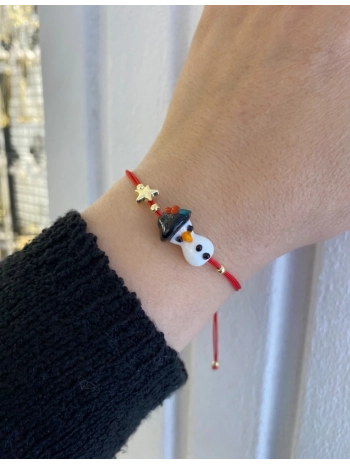 Murano Cam Üzeri Kardan Adam Figür Kırmızı İp Asansör Bileklik