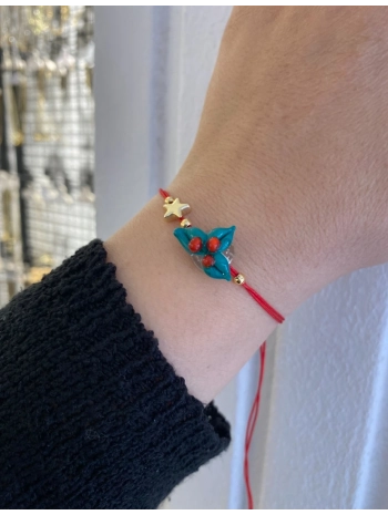 Murano Cam Üzeri Kokina Çiçek Figür Kırmızı İp Asansör Bileklik