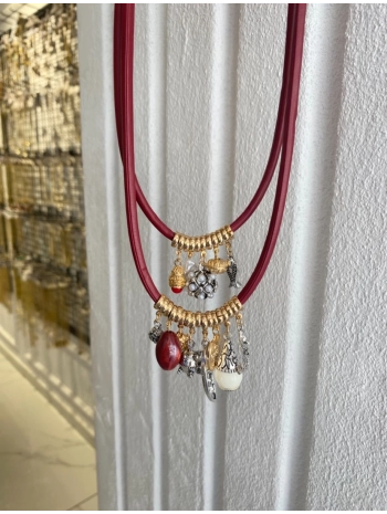 Özel Seri Bordo Deri İp Çoklu Charm Sallantılı İkili Kolye