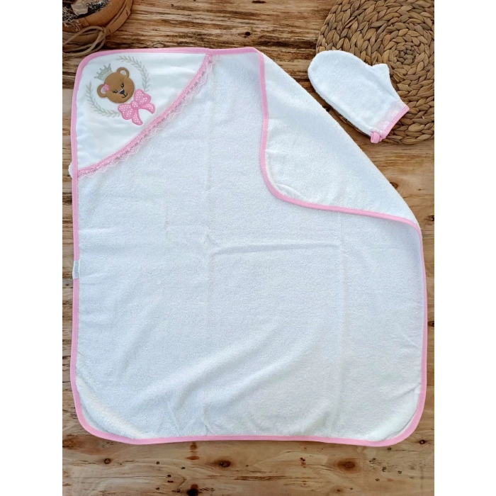 0-1 Yaş Bear Nakışlı El Keseli 2li Kız Bebek Havlu Takımı Pembe