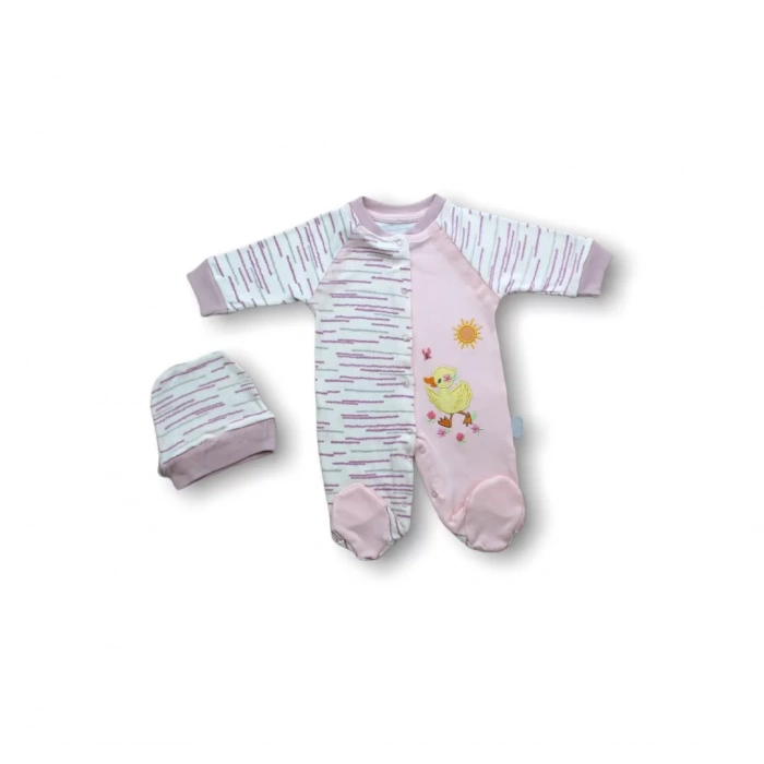 0-3 3-6 6-9 Ay Süslü Ördek Nakışlı Şapkalı Kız Bebek Tulumu Pembe