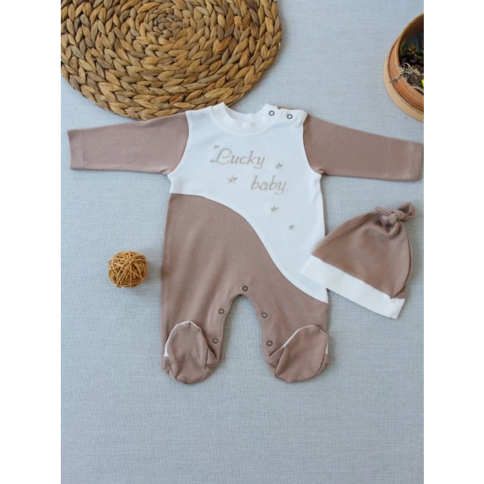 0-3 3-6 Ay Lucky Baby Nakışlı Es Çizgi Boy Şapkalı Erkek Bebek Tulumu Kahverengi