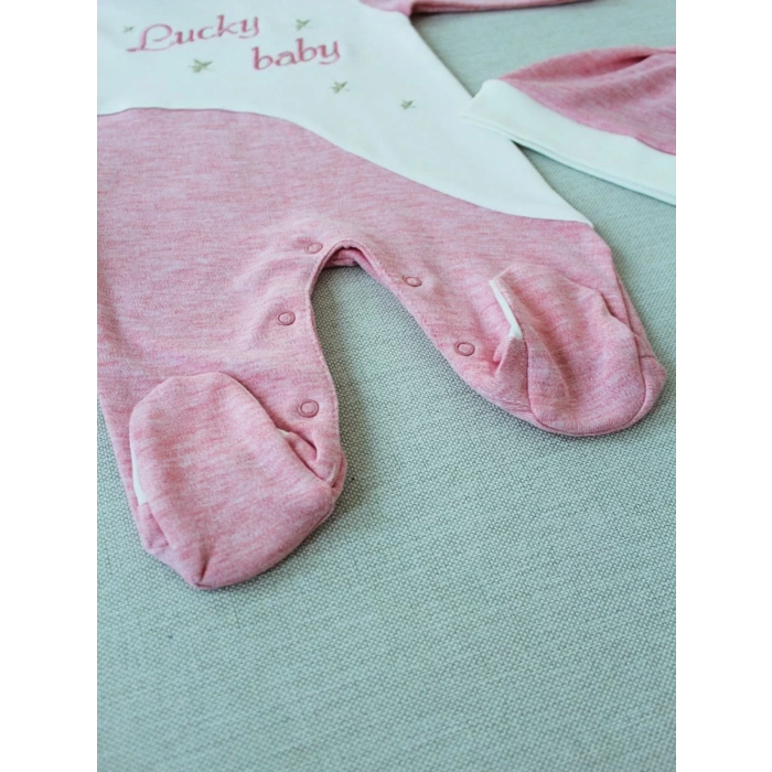 0-3 3-6 Ay Lucky Baby Nakışlı Es Çizgi Boy Şapkalı Kız Bebek Tulumu Pembe