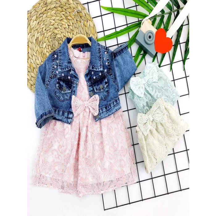 2-3-4-5 Yaş Kot Ceketli Astarlı Güpürlü 2li Kız Çocuk Elbisesi Krem