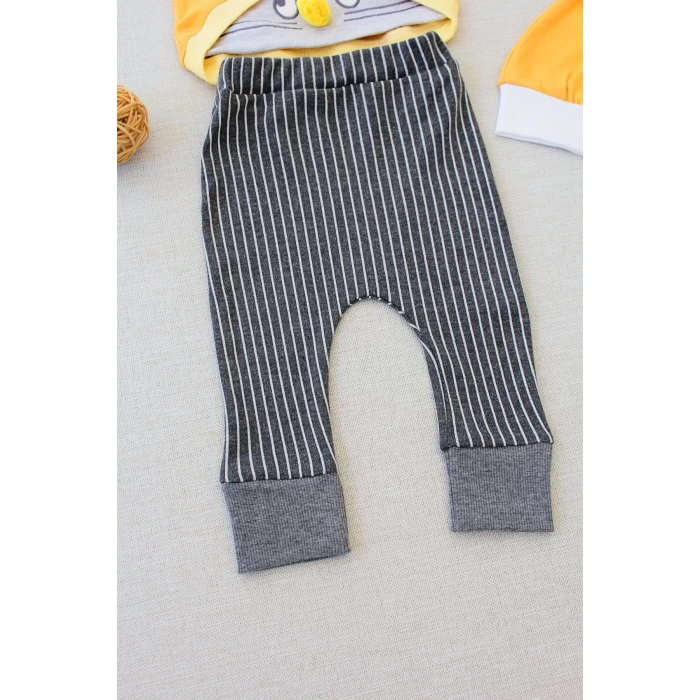 3-6 6-9 9-12 Ay Şımarık Tavşan Nakışlı Şapkalı Uzun Kollu Sweat 3lü Kız-erkek Bebek Takımı Turuncu