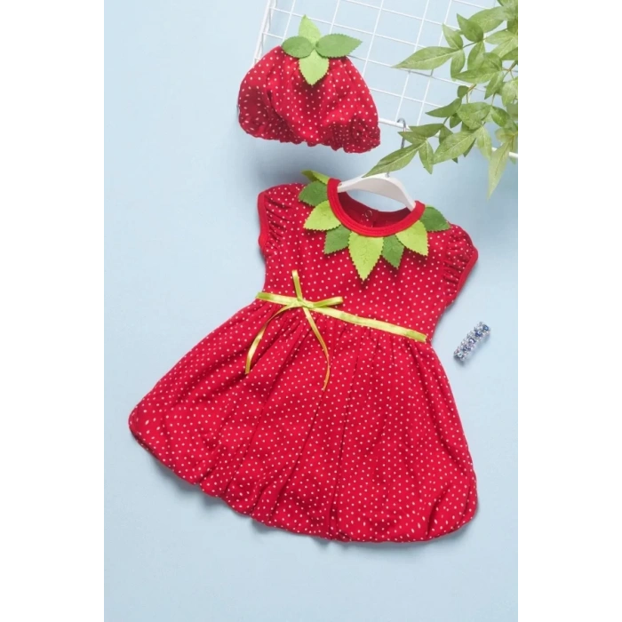 3-6-9 Ay Çilek Bebekler Penye Kumaş Kısa Kol Bebek Elbisesi Kırmızı