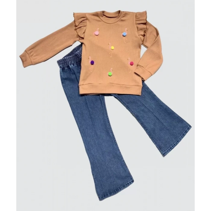 4-5-6 Yaş Kot Pantolonlu Flamingo Desenli Penye Sweat Uzun Kollu 2li Kız Çocuk Takımı Kahverengi