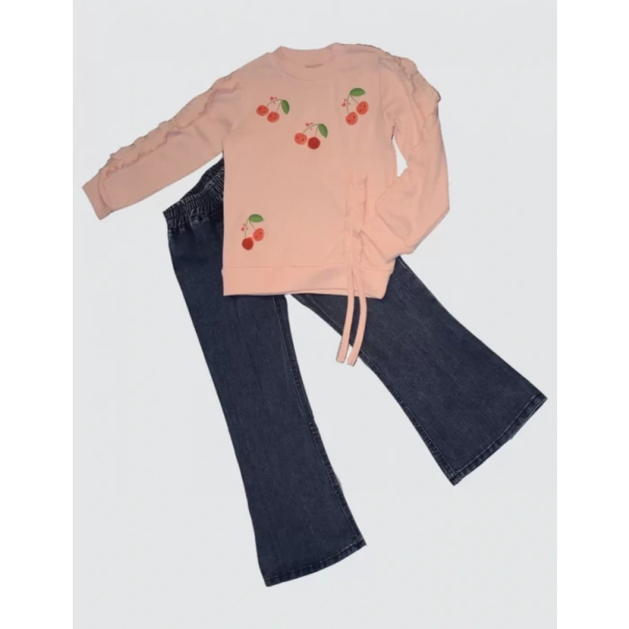 4-5-6 Yaş Kot Pantolonlu Kiraz Desenli Penye Sweat Uzun Kollu 2li Kız Çocuk Takımı Pudra