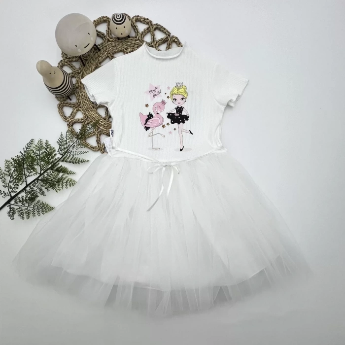 5-6-7 Yaş Flamingo Balerin Kız Baskılı Kurdela Kuşaklı Astarlı Kız Çocuk Tütü Elbise Beyaz