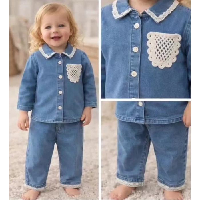 9-24 Ay Dantel Cep Detaylı Kot Bebek Takımı