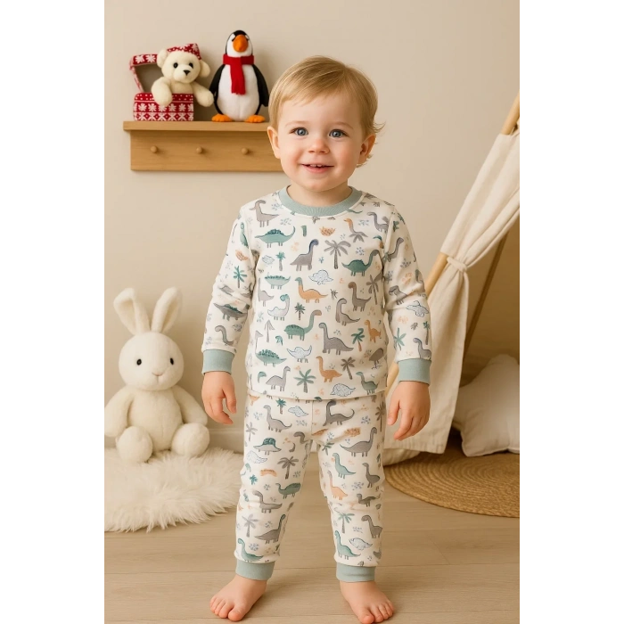 Dinazor Desenli Erkek Bebek Eşofman Takımı %100 Pamuk
