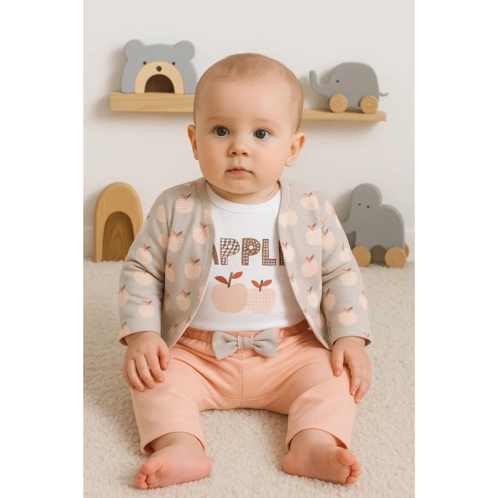 Elma Desenli Ceketli 3lü Kız Bebek Takımı
