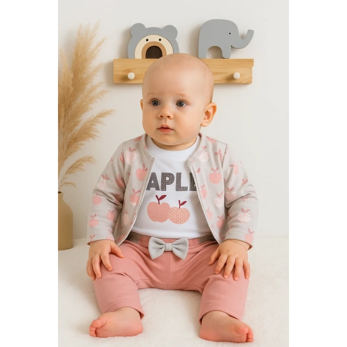 Elma Desenli Ceketli 3lü Kız Bebek Takımı