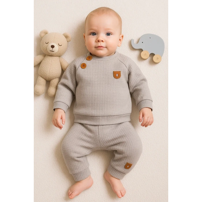 Jakarlı Omuzdan Düğmeli 2li Erkek Bebek Takımı