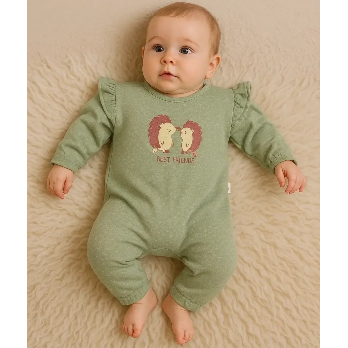 Kirpi Nakışlı % 100 Pamuk Kız Bebek Tulum