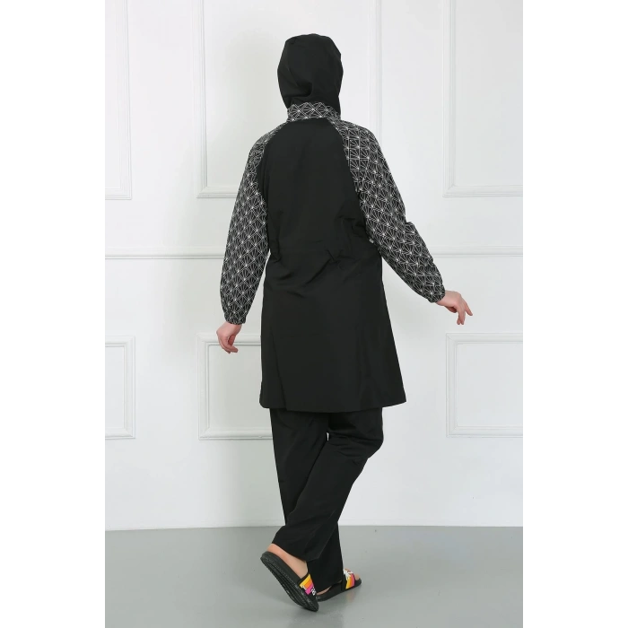 Moda Büyük Beden Desenli Tesettür Mayo Siyah