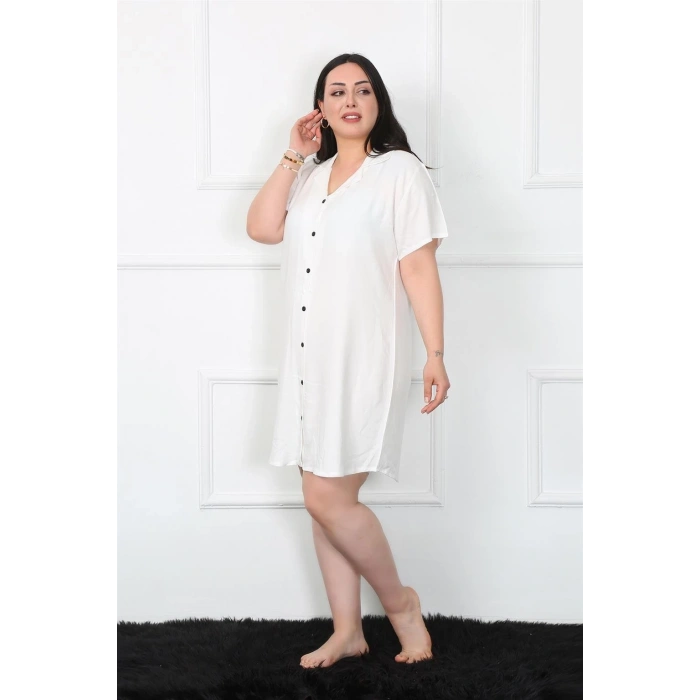 Moda Büyük Beden Dokuma Düğmeli Beyaz Tunik Gecelik