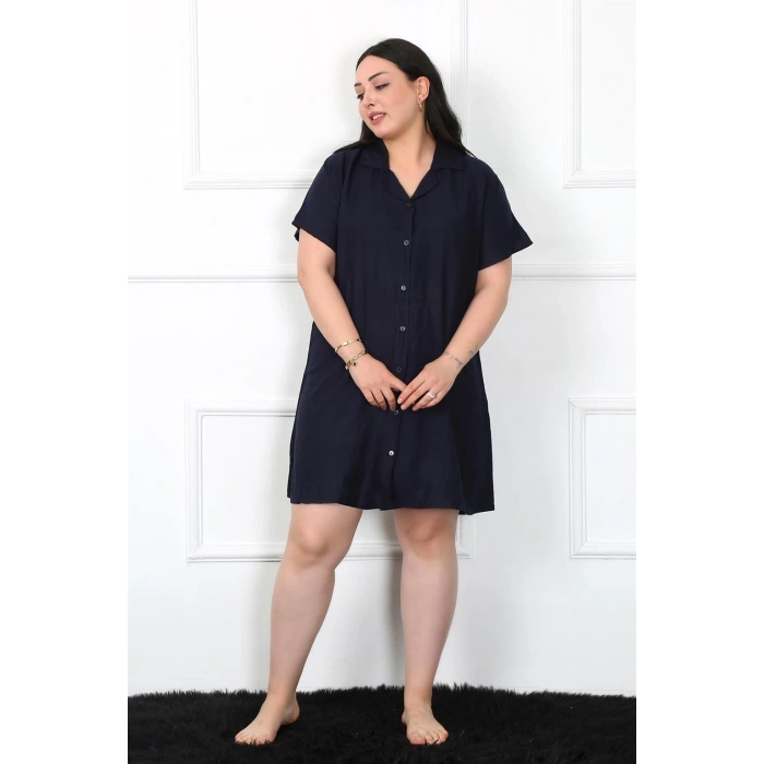 Moda Büyük Beden Dokuma Düğmeli Lacivert Tunik Gecelik
