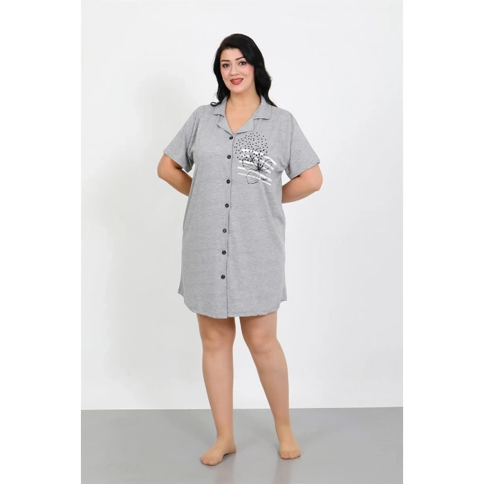 Moda Büyük Beden Penye Düğmeli Gri Tunik Gecelik