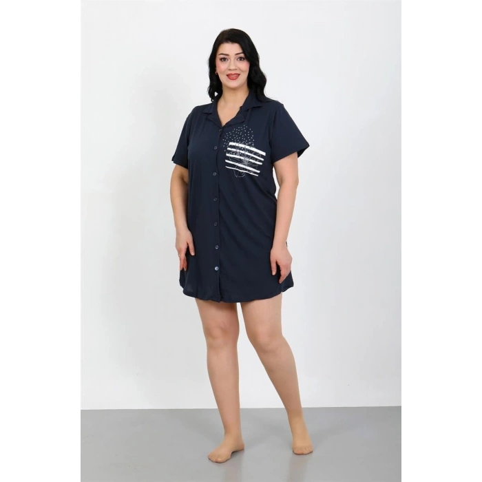Moda Büyük Beden Penye Düğmeli Lacivert Tunik Gecelik