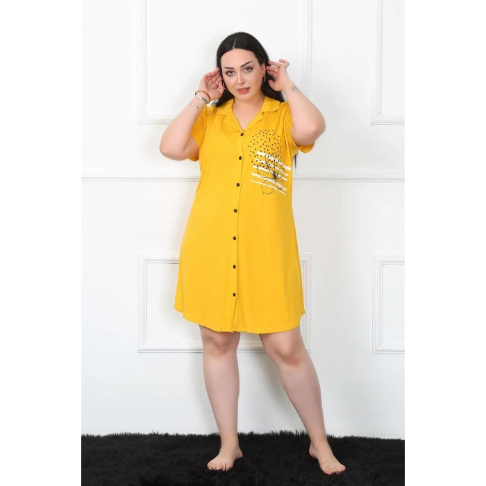 Moda Büyük Beden Penye Düğmeli Sarı Tunik Gecelik