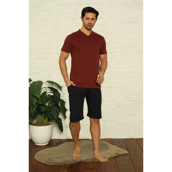 Moda Erkek Bordo V Yaka 3lü Pijama Takım