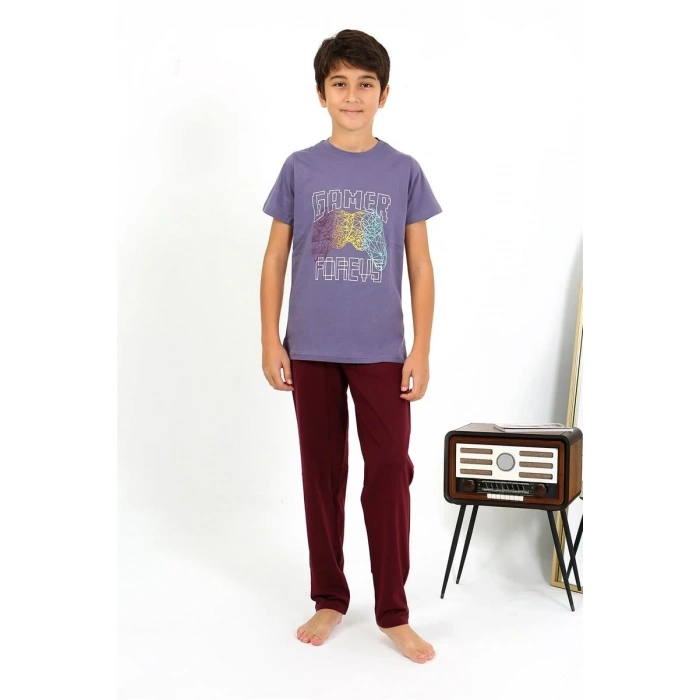 Moda Erkek Çocuk Kısa Kol Penye Pijama Takım Mor