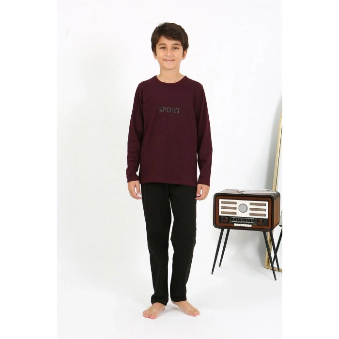 Moda Erkek Çocuk Uzun Kol Penye Pijama Takım Bordo