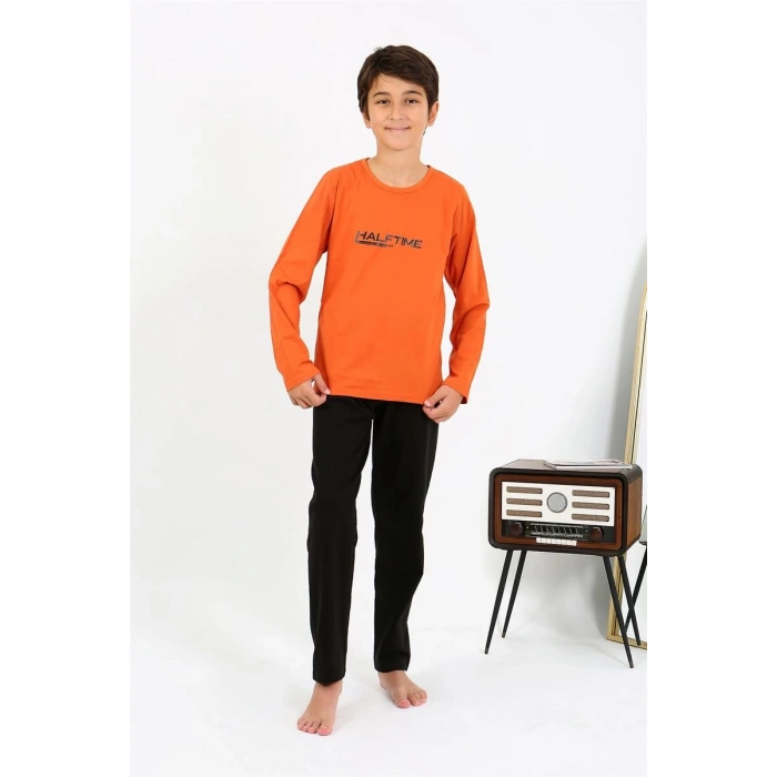 Moda Erkek Çocuk Uzun Kol Penye Pijama Takım Turuncu