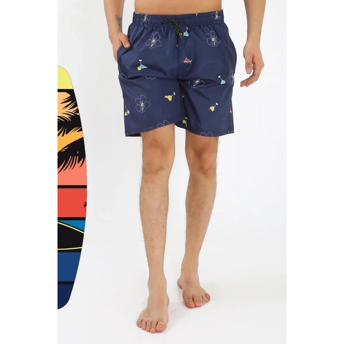 Moda Erkek Desenli Fermuar Cepli Deniz Şortu Lacivert