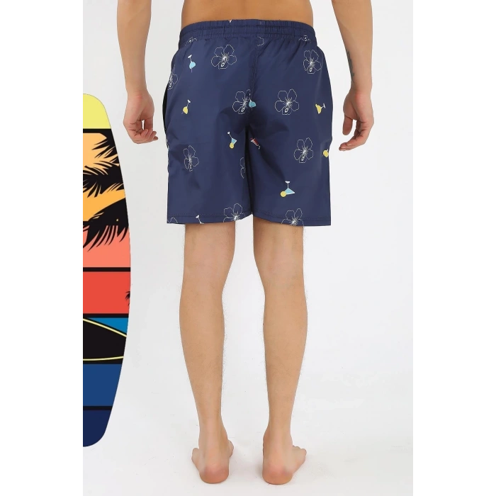 Moda Erkek Desenli Fermuar Cepli Deniz Şortu Lacivert