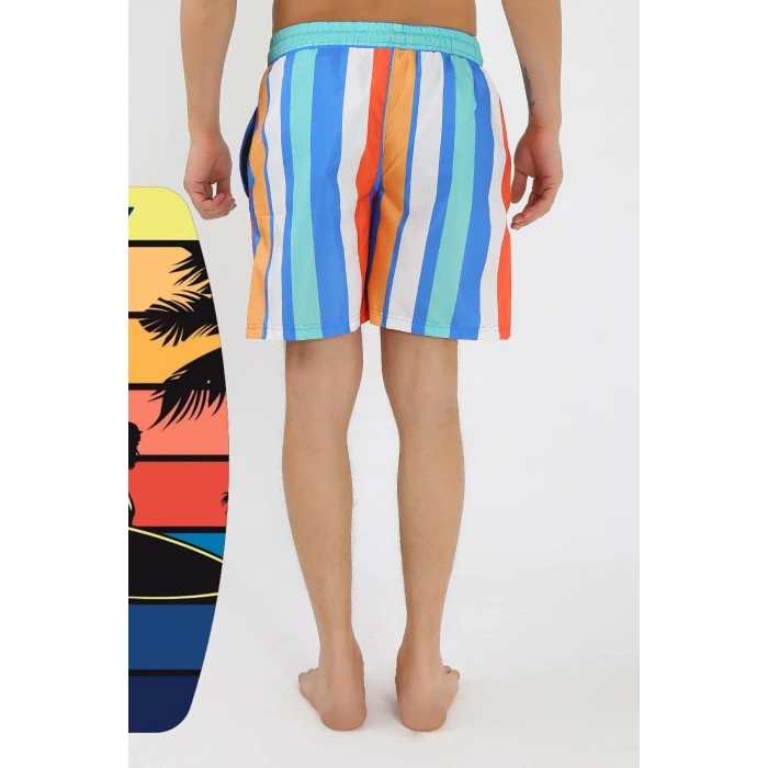 Moda Erkek Desenli Fermuar Cepli Deniz Şortu Mavi