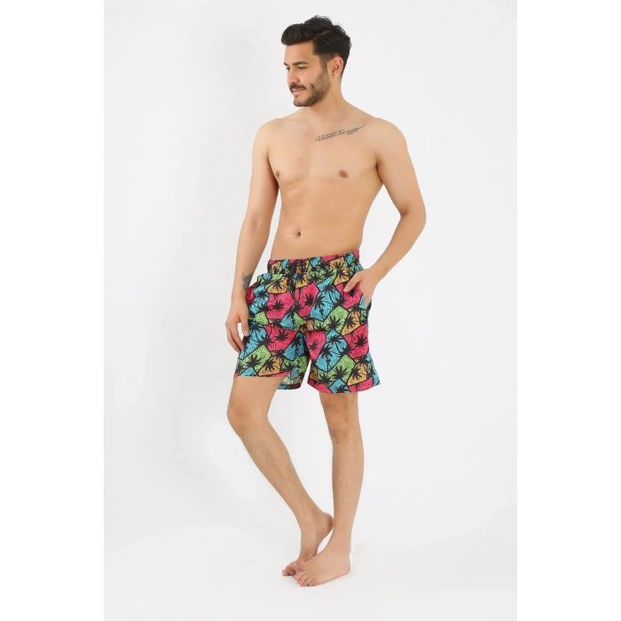 Moda Erkek Desenli Fermuar Cepli Deniz Şortu Siyah