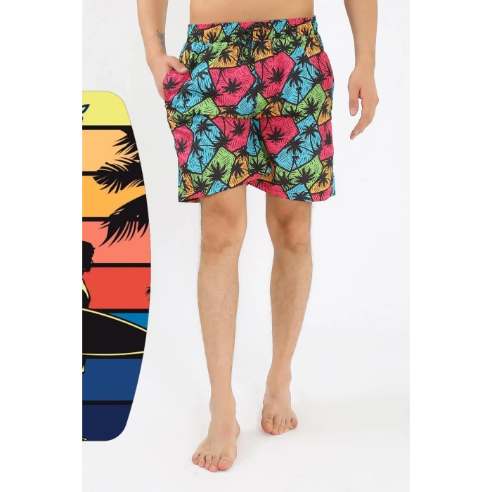 Moda Erkek Desenli Fermuar Cepli Deniz Şortu Siyah