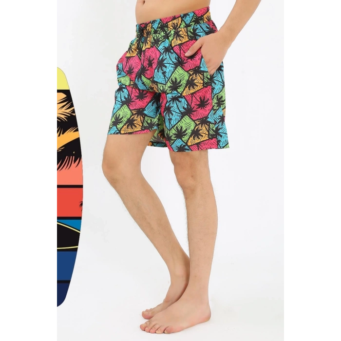 Moda Erkek Desenli Fermuar Cepli Deniz Şortu Siyah