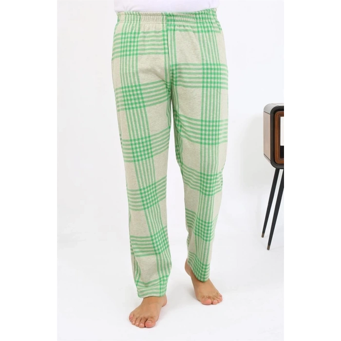 Moda Erkek Ekoseli Desen Penye Tek Alt Pijama Yeşil