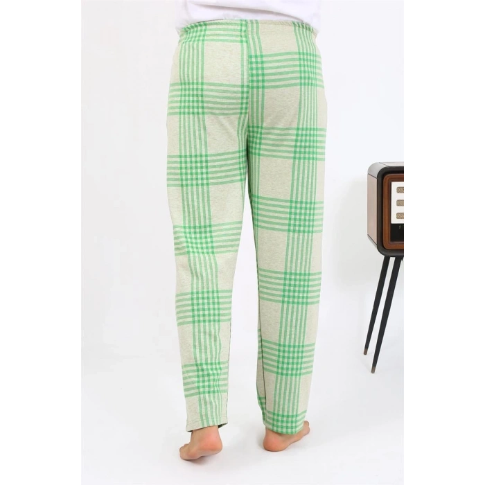 Moda Erkek Ekoseli Desen Penye Tek Alt Pijama Yeşil