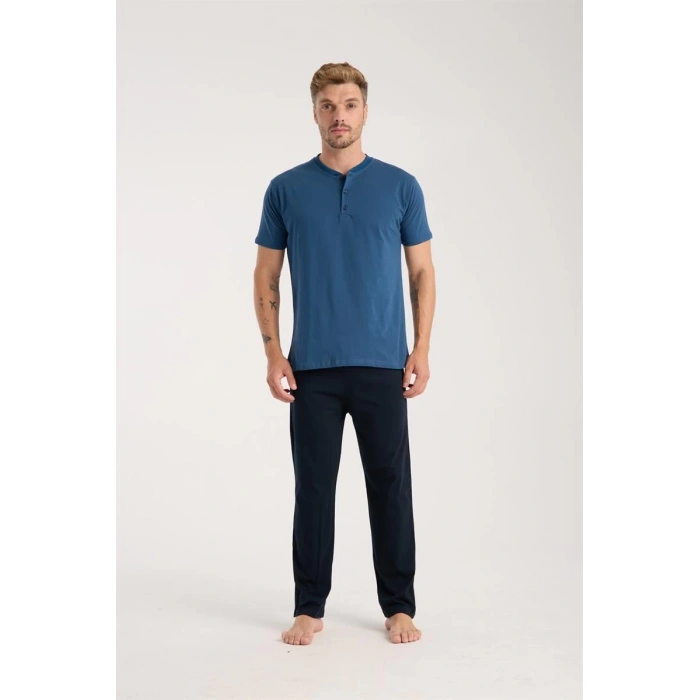 Moda Erkek İndigo Düğmeli Yaka Kısa Kol Pijama Takımı