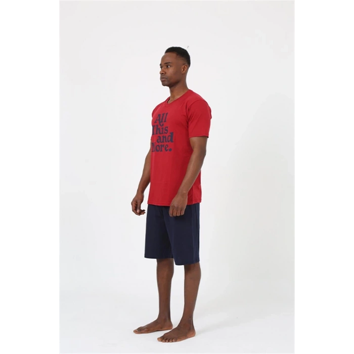 Moda Erkek Kısa Kol Bordo Penye Şortlu Pijama Takımı