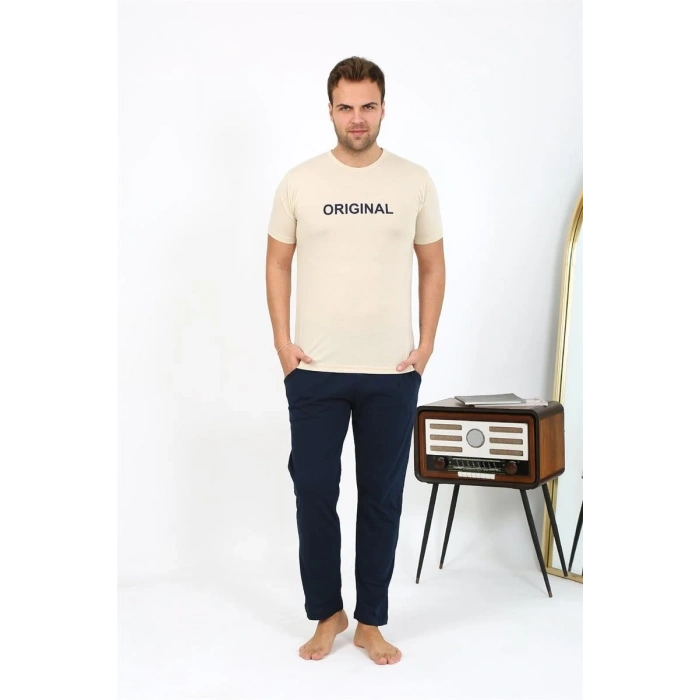 Moda Erkek Kısa Kol Penye Pijama Takımı Krem